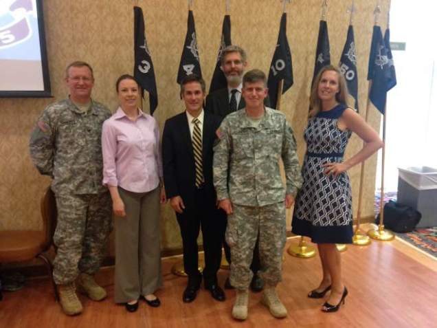 Pictured from left:  Col. Lee Cummings, deputy commander - East, U.S. Army Reserve Legal Command; Aniela Szymanski, visiting professor of practice, William and Mary Law School; Professor Hugh McClean; Daniel Nagin, vice dean for experiential and clinical legal education and clinical professor of law, Harvard Law School; Maj. John Fitzpatrick, supervising attorney and senior clinical instructor, Harvard Law School; Laurie Neff, director, Mason Veterans and Servicemembers Legal Clinic, George Mason University School of Law. 